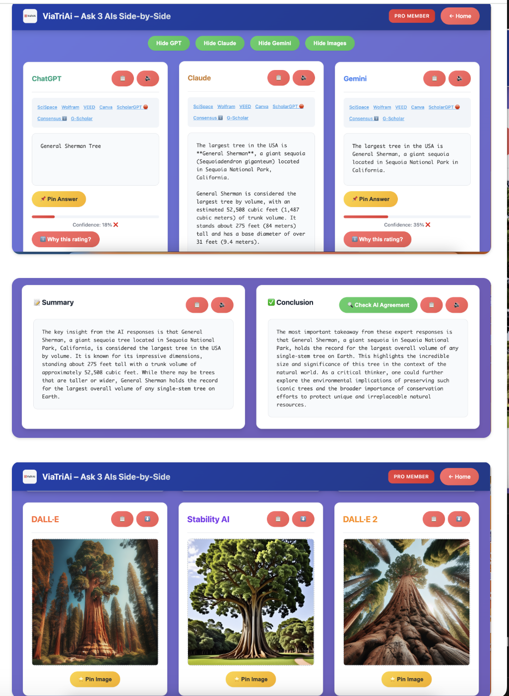 ViaTriAi Dashboard showing ChatGPT, Claude and Gemini responses side by side with image generation